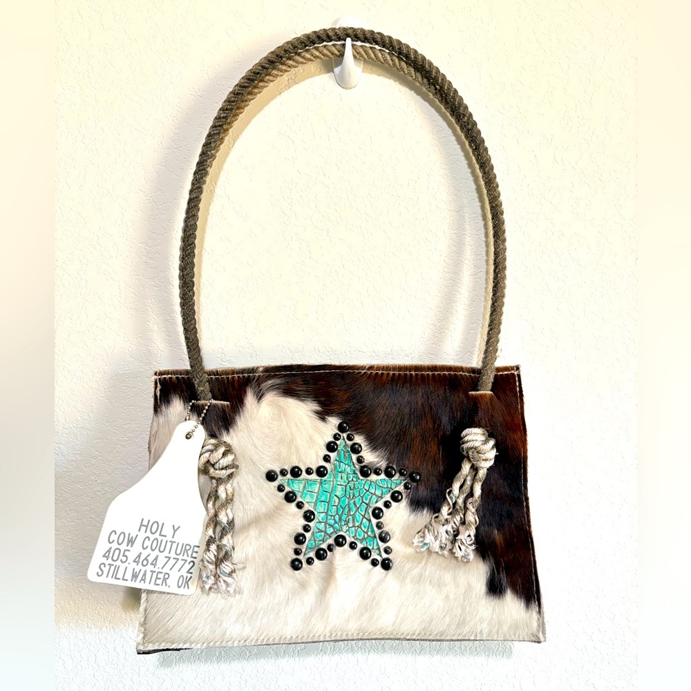 HOLY COW COUTURE Rope handle cowhide gator print bag